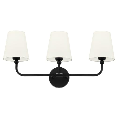 Image of Bathroom Light Fixtures, 3-Light Matte Black Vanity Lights with Flared Beige Fabric Shade, Vintage Sconces Wall Lighting for Hallway Bedroom, VL837-MB-B-3