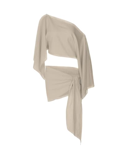 Linen Skirt Set Women Summer 2 Piece Swimsuit Coverup Long Bell Sleeve Crop Top with Mini Skirt Y2K Beach Cover Up2