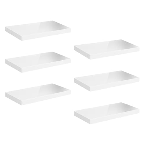 Juego de 6 estantes flotantes de pared de madera blanca brillante con soporte de metal, perfectos para sala de estar, cocina y estudio, 40 x 22,9 x 3,8 cm