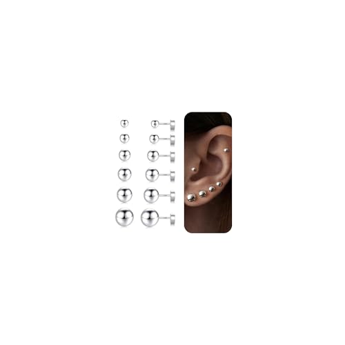 Yoosteel 6 Pairs Silver-Plated Ball Flat Back Stud Earrings for Women Dainty Tiny Studs Ball Earrings Jewelry Set for Cartilage Multiple Piercings(2/3/4/5/6/8MM)