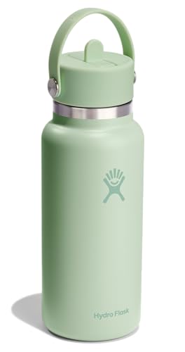 Hydro Flask Water Bottle - Insulated Stainless Steel - Wide Mouth Flex Straw Lid, Non Spill, Leakproof and Refillable in 32 Oz Aloe Green