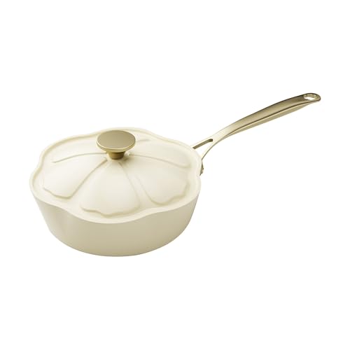 MENASTYL - Sauteuse 24cm Dahlia sans PFAS - Revêtement céramique antiadhésif crème - 98% d'aluminium recyclé - Tous feux dont induction et lave-vaisselle...