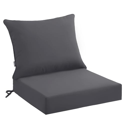 PatioGlow Outdoor Seat Cushion Set 22 x 24 x 4 Inch, Waterproof & Fade Resistant Patio Furniture Cushions with Removable Cover and Ties, Thick Deep Seating Pads for Outside Chair Sofa Couch, Grey