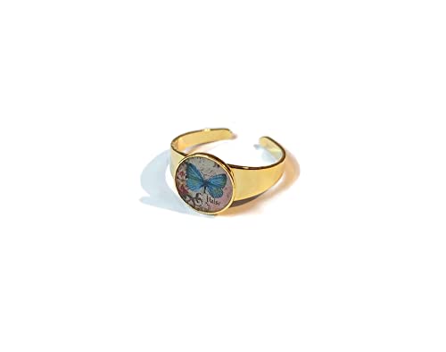 Bague fleur laiton doré et résine réglable motif papillon