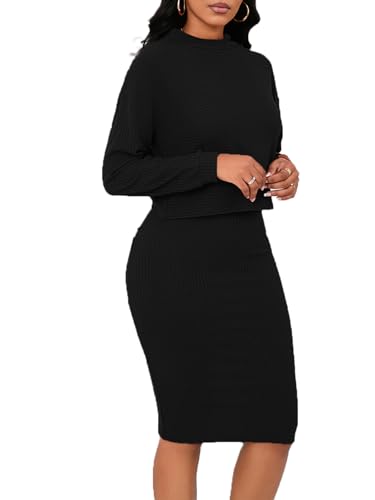 Image of Women's Fall 2 Piece Sweater Set Rib Knit Long Sleeve Bodycon Midi Skirt Casual Winter Outfits
