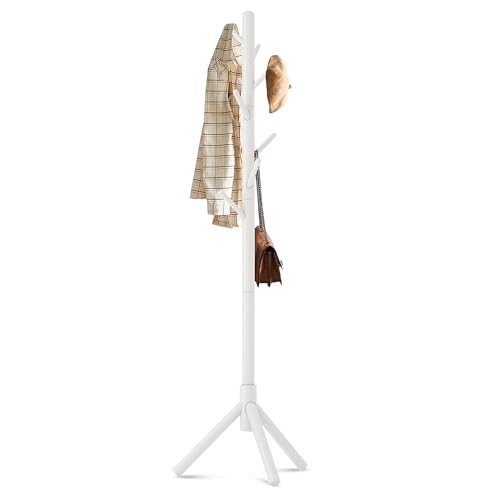 Bayt Porte-Manteau sur Pied en Bois Blanc – 8 Crochets – Hauteur Réglable 175 cm – Design Élégant et Stable pour Entrée ou Chambre