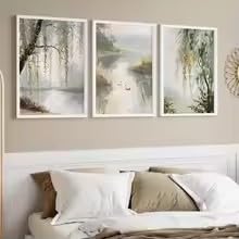 1/3 Stück Leinwanddrucke Poster „Bohemian Countryside Sage Green Willow Tree“ (70x100cmx3/Ungerahmt)