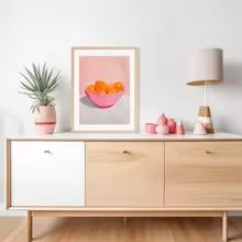 Cuadro decorativo de naranjas alegres en un cuenco rosa. Ideal para cocinas, comedores o cualquier otro espacio (80 x 120 cm/sin marco).
