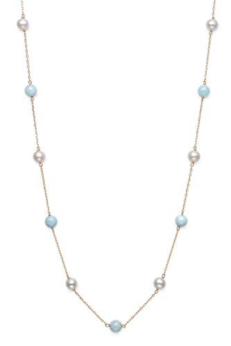 Belacqua Natural Milky Blue Aquamarine and Cultured Freshwater Pearl Station Necklace in 10K Yellow Gold, 18" Cable Chain, Real Pearl Jewelry for Women, Gift Box Included3