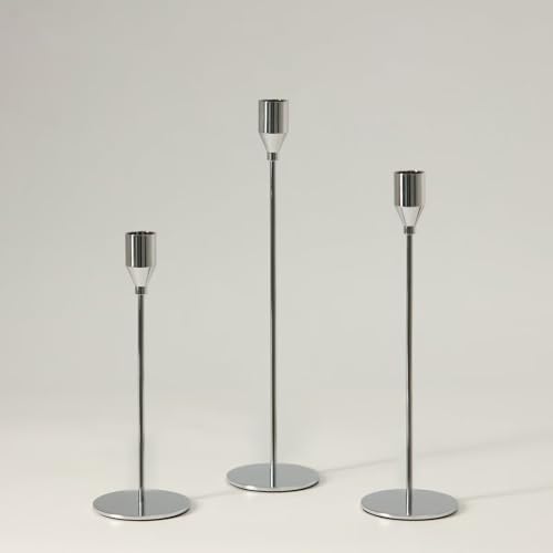 Pickood Upgraded Chrome Taper Candle Holders Set of 3, Luxury Silver Long Skinny Candlestick (Heights: 9/11/13 Inch), Heavy Iron Anti-Slip Base for Fireplace Mantle Table Centerpiece Dining Decor