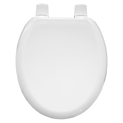 BEMIS Chicago White Toilet Seat. Wooden Toilet Seat with Water Based Paint for Easy Clean. Oval Shape, with Adjustable Plastic Hinges, Universal & Easy Installation, White