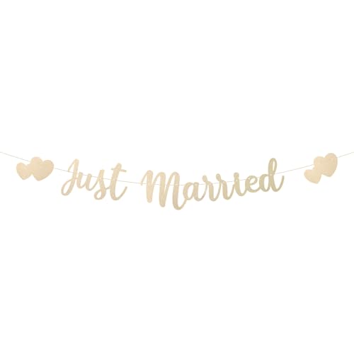 Guirlande Décorative Just Married, Lettres et Cœurs Pailletés Pré-Enfilés pour Mariage Enterrement de Vie Jeune Fille ou de Garçon (Champagne Doré)