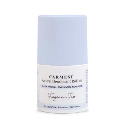 Image of Carmesi Natural Underarm Roll On Deodorant for Women | 95% Natural + 5% Essential Ingredients | For Fresh Underarms All Day | No Alcohol & Aluminium | Fragrance Free | 50 ml