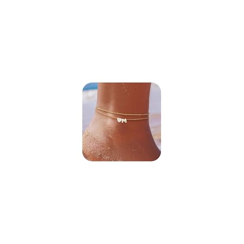 ZHESHY Cavigliera Donna Con Iniziale In Oro 14k Lettere A-Z E Perline Cuore Cavigliere Braccialetti Impermeabile Regolabile A Strati...