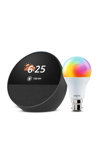 Image of All-new Echo Spot, Smart alarm clock with vibrant sound + Alexa, Black Smart Home Speaker Combo with Wipro Simple Setup 9W LED Smart Color Bulb