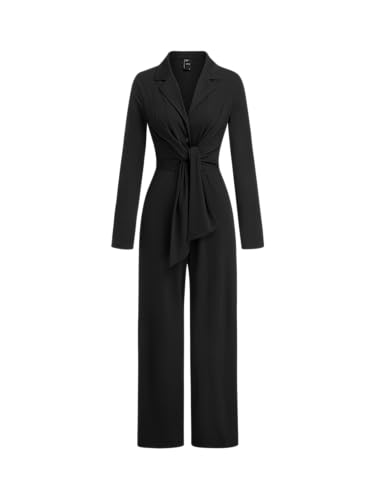 CIDER Women's Jumpsuit Long Sleeve Tie Waist Wide Leg Elegant Casual, Black, Medium