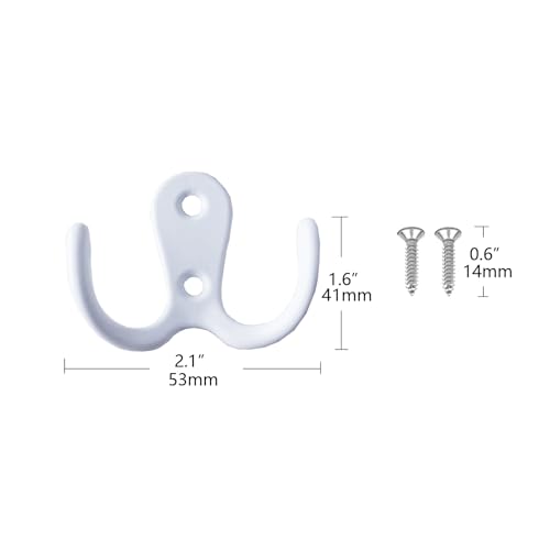 Lansonee 2 Pcs Double Prong Robe Hooks, Dual Coat Hooks Wall Mounted Hanging Clothes for Bathroom Bedroom Door Wall Retro Metal Cloth Hanger Double Coat Hooks with 4 Screws (White)