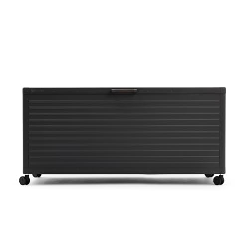 Image of MIRADOR 281 Gallon Outdoor Storage Box with Wheels & Soft-Close Lid, Waterproof Metal Deck Box for Patio Cushions, Garden Tools & Pool Accessories, Charcoal