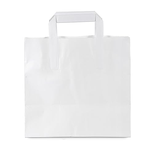 Commerline Papiertüten 250 Stück, Weiß, 26+17x25 cm | Kraftpapier Tüten Klein Mit Henkel | Tragetasche Groß Papiertragetaschen Papiertüte Papiertaschen