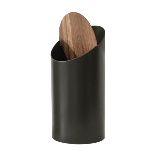 Caneca de basura redonda blanca con tapa de madera miniatura 7
