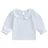Toddler Baby Girls Ruffle Doll Collar Shirt Puff Short Sleeve Basic Solid Color Top Blouse Tee (White Long Sleeve, 1-2 Years)