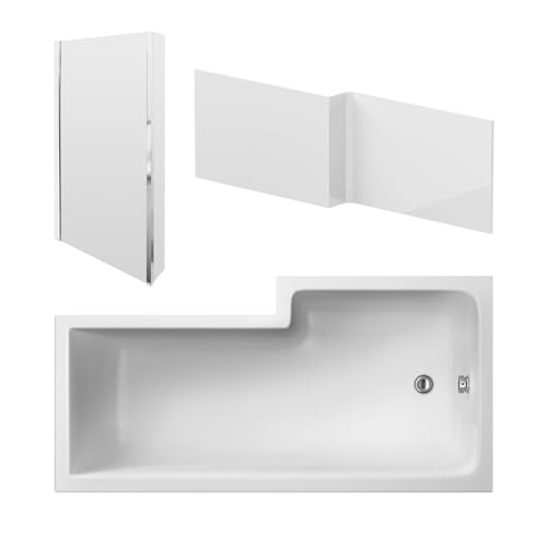 nuie SBATH13 Modern Bathroom L Shape Square Shower Bath Set with Screen and Front Panel - Left Hand, 1600 x 850 x 390mm, White/Chrome