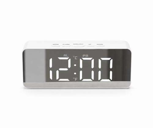 Image of Digital Alarm Clock, LED Mirror Display, Pink, Snooze Function, Adjustable Brightness, USB or Battery Operated, Night Mode