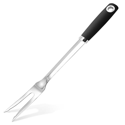 Meat Cooking Fork, Silicone Stainless Steel Meat Cooking Fork, Heavy Duty Metal Cooking Fork for Kitchen Use, High Heat Resistant Cooking Utensils for Meat BBQ, Dishwasher Safe, Easy to Clean, Silver
