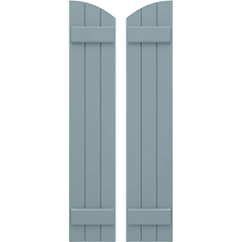 10 1/2"W x 64"H Americraft Three Board (2 Batten) Exterior Real Wood Joined Board-n-Batten Shutters w/Elliptical Top (Per Pair), Peaceful Blue