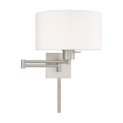 Image of Livex Lighting 40036-91 1-Light Swing Arm Wall Light, Brushed Nickel | Off-White Fabric Shade