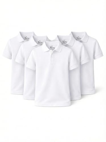 KHIM 5 Pack White Unisex Boys Girls Short Sleeve Plain Polo Shirt School Uniform Sports Wear (White,Age 13-14 Year)