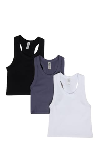 90 Degree By Reflex Womens Seamless Tank Ribbed Fitted Racerback Top 3 Pack - Grisaille/White/Black - Medium