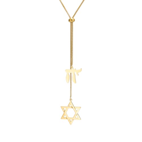Dreamtimes Jewish Hebrew Chai Pendant Necklace Star of David Necklace for Men Women Y Chain Adjustable Long Necklaces Elegant Jewish Jewelry (Gold)