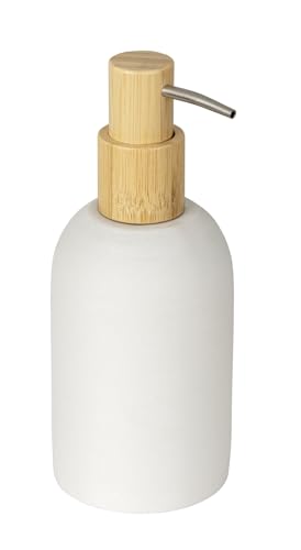 Distributeur de Savon Mod. Altavalle Design Moderne pour Salle de Bain en polyrésine et Bambou 0,25 l 7,5 x 18 x 8 cm Blanc Naturel