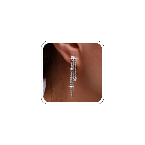 Andelaisi Boho Rhinestone Tassel Earrings Silver Long Crystal Chain Earrings Long Crystal Cz Drop Earrings Vintage Cz Tassels Chain Earrings Wedding Chandeliers Dangle Earrings Jewelry for Women