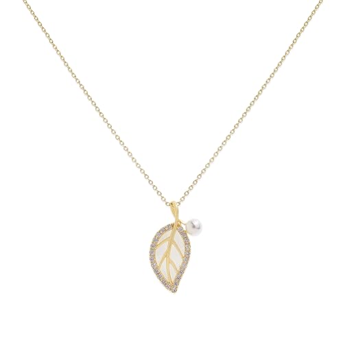 Sonateomber Gold Leaf Pearl Pendant Necklace for Women, Cute Dainty 14k Plated Rhinestone Dangle Chain Wedding Everyday Prom Fashion Jewelry Gift