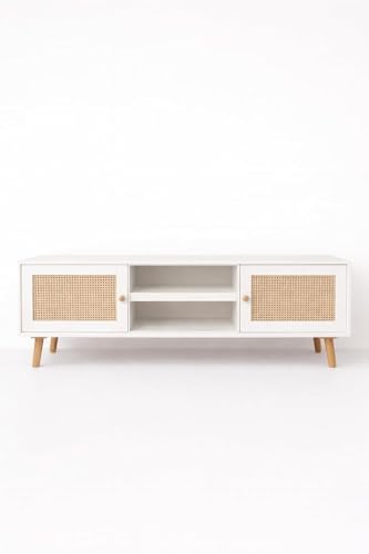 Image of TV Stand for 65 inch TV, Dark Chocolate (White Colour) | Premium Solid Wood, 10 Minutes Assembly (Legs Only), Aesthetic Rattan Doors, Mid Century Entertainment Center