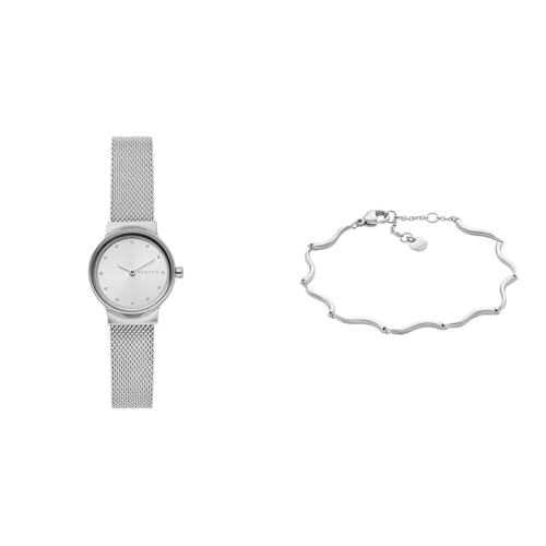 Skagen Women's Freja Lille Silver-Tone Stainless Steel Watch and Essential Waves Bracelet, Set