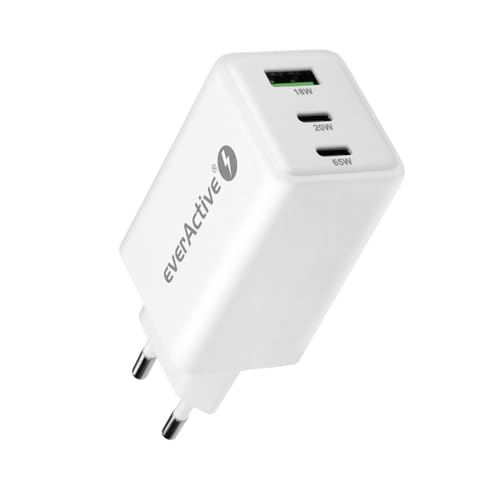 everActive GaN Chargeur 3 Ports avec 2 Ports USB-C PD PPS QC4+ et USB, Chargeur Rapide 65 W, Compact et Efficace
