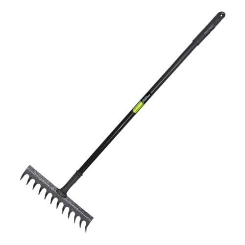 KKTECH Garden Rake, Rake for Gardening | Leaf Tool, Heavy Duty Garden Rake, Grass Tool for Lawn + Carbon Fibre Soil Rake Lightweight Durable 12-Tine Metal Head 130x32x9cm