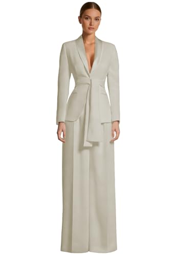 2 Pieces Chic Long Sleeve Blazer Suit 2026 Formal Wide Leg Pants Set Taupe