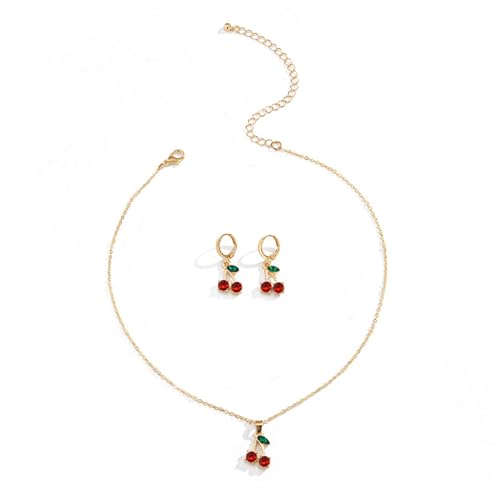 WCRAZYE Red Cherry Fruit Necklace Earring Sets for Women Cute Sweet Gold Plated Dainty Cherry Fashion Necklace (Gold)