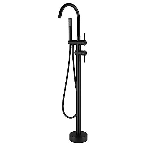Yuesimate Freestanding Bathtub Faucet Floor Mount Tub Filler With Hand Held Shower, Two Brass Handles, 360° Swivel Spout, Matte Black Floor Mounted Brass Bathroom Tub Faucets Set #TOP4