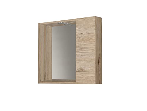 La struttura in legno contiene uno specchio centrale caratterizzato da un comodo ripiano e un pensile destro con due ripiani interni in vetro. Adatto ad ambienti contenuti dove la funzionalità e la praticità degli arredi sono requisiti essenziali. Classico nel design è integrabile in qualasiasi tipo di bagno