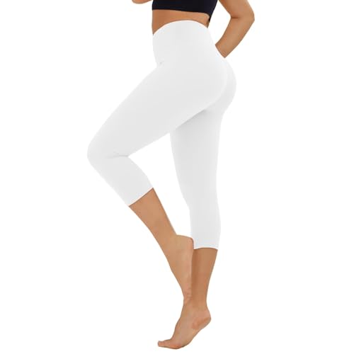 High Waisted Capri Leggings for Women - No See Through Tummy Control Cycling Yoga Pants A-White
