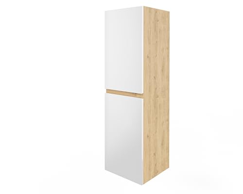 wohnartig® Stella Badhochschrank hängend | Eiche Artisan | Weiß Hochglanz | 30 x 31,5 x 110 cm – schmaler Badezimmerschrank mit Türen und Regalböden | platzsparender Badschrank | Badmöbel