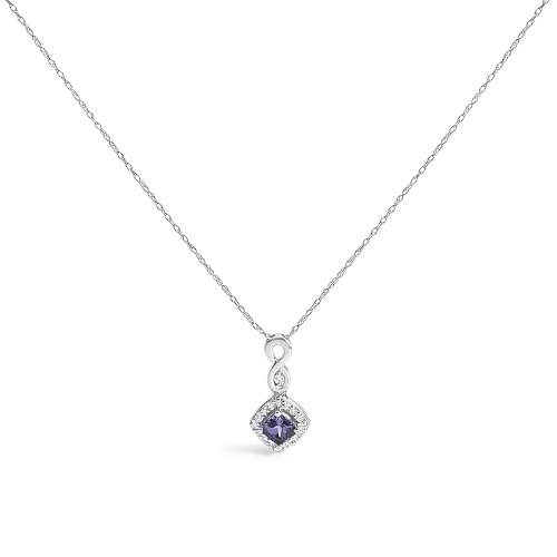 10K White Gold Blue Purple Tanzanite and Diamond Accent Cushion Drop Pendant Necklace - 18" Inches
