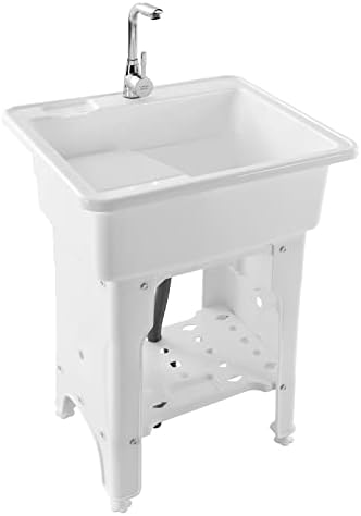 Lemoeyes Freestanding Laundry Sink, Plastic Utility Sink with Washboard Laundry Tub Cold and Hot Water Faucet Hoses Drain Kit Wash Station for Laundry Room Garage Basement Garden (25.59"×21.65"×31.5")