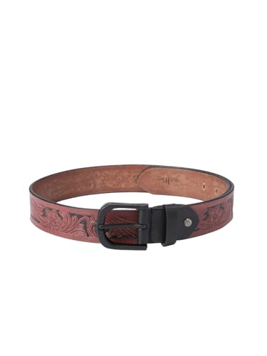 Image of Celtic Genuine Leather Belt for Men | Floral Tooled Casual Belt with Matte Metal Pin Buckle | Adjustable Fit for Office Travel Weekend Everyday Wear | Gifts for Men | Brown Black (38)