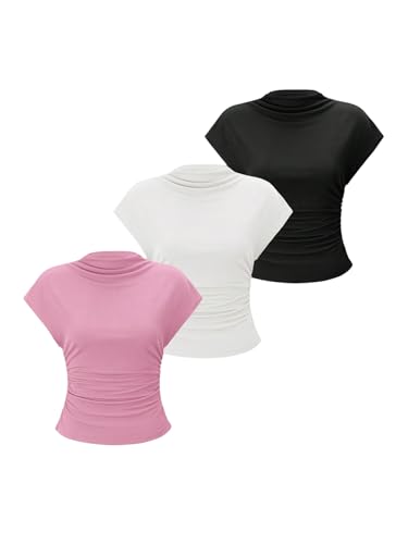 OYOANGLE Women's 3 Pack Business Casual Outfits Mock Neck Ribbed Tank Tops